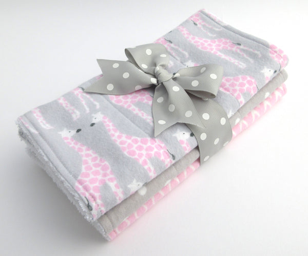 Giraffe Burp Cloth Set - Pink and Grey
